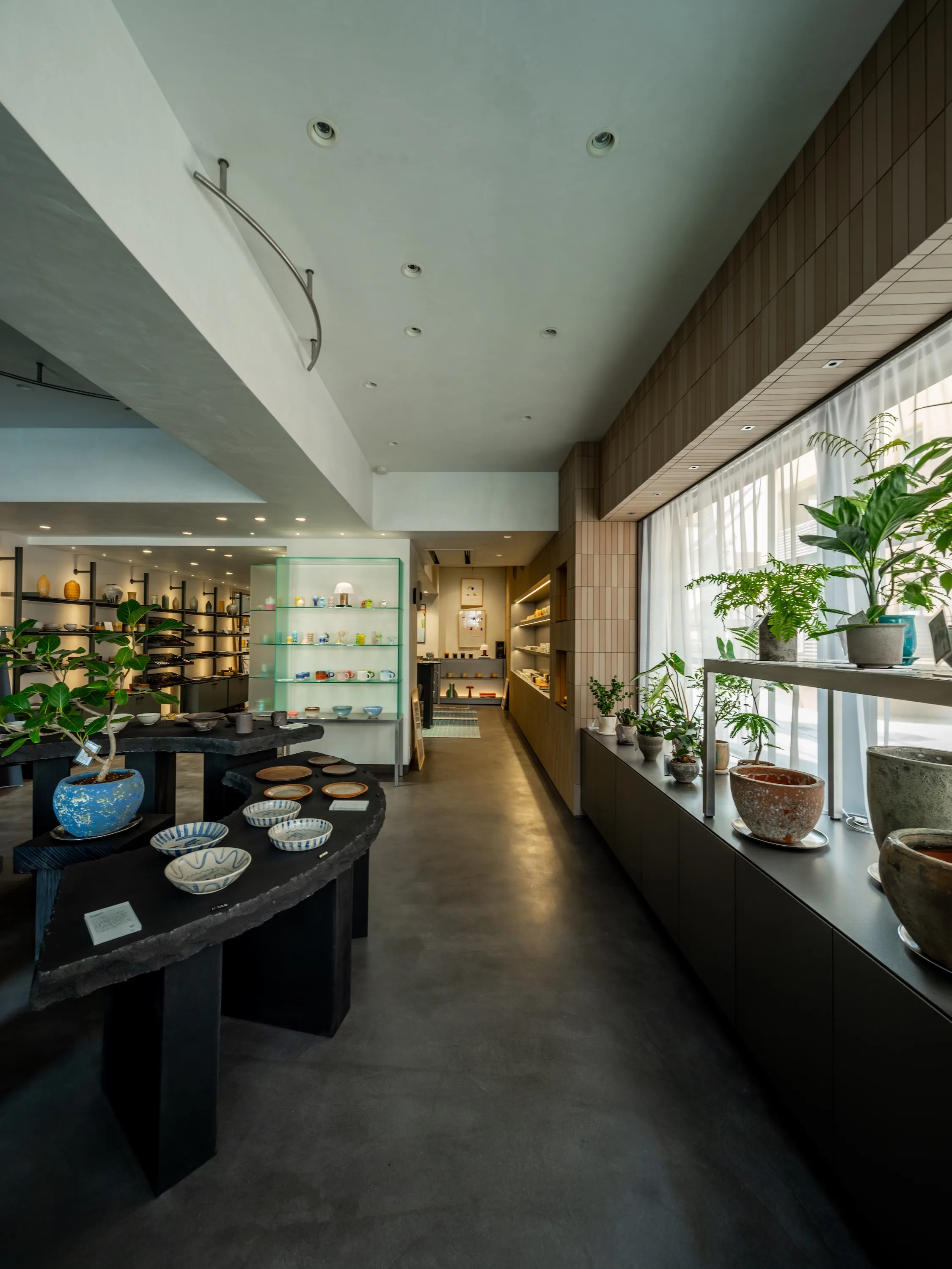 奥行きのある通路と、窓辺の植木鉢・什器を横に見る店内