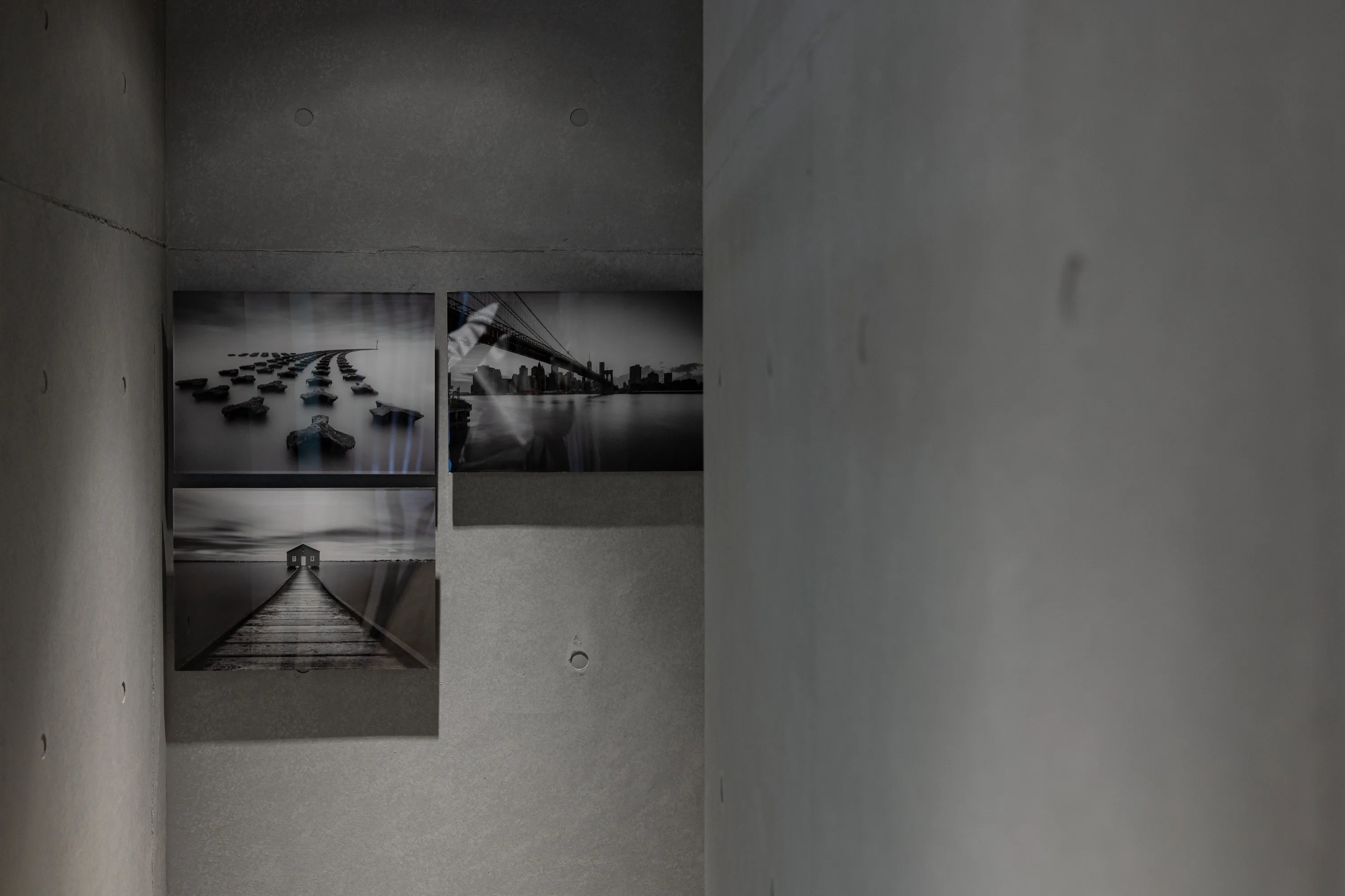 コンクリート壁に飾られた写真作品のコーナー